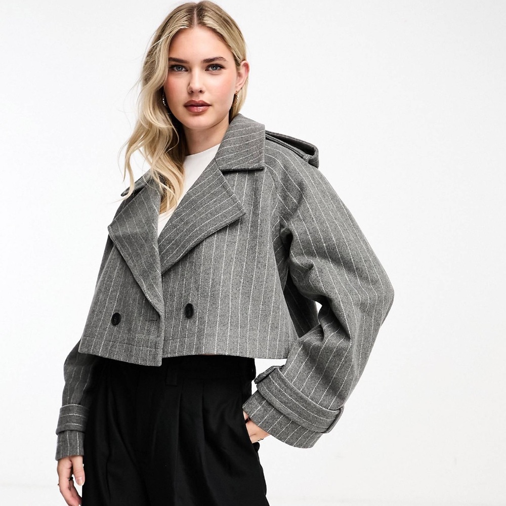 ASOS DESIGN Cropped Trench in Gray Pinstripe